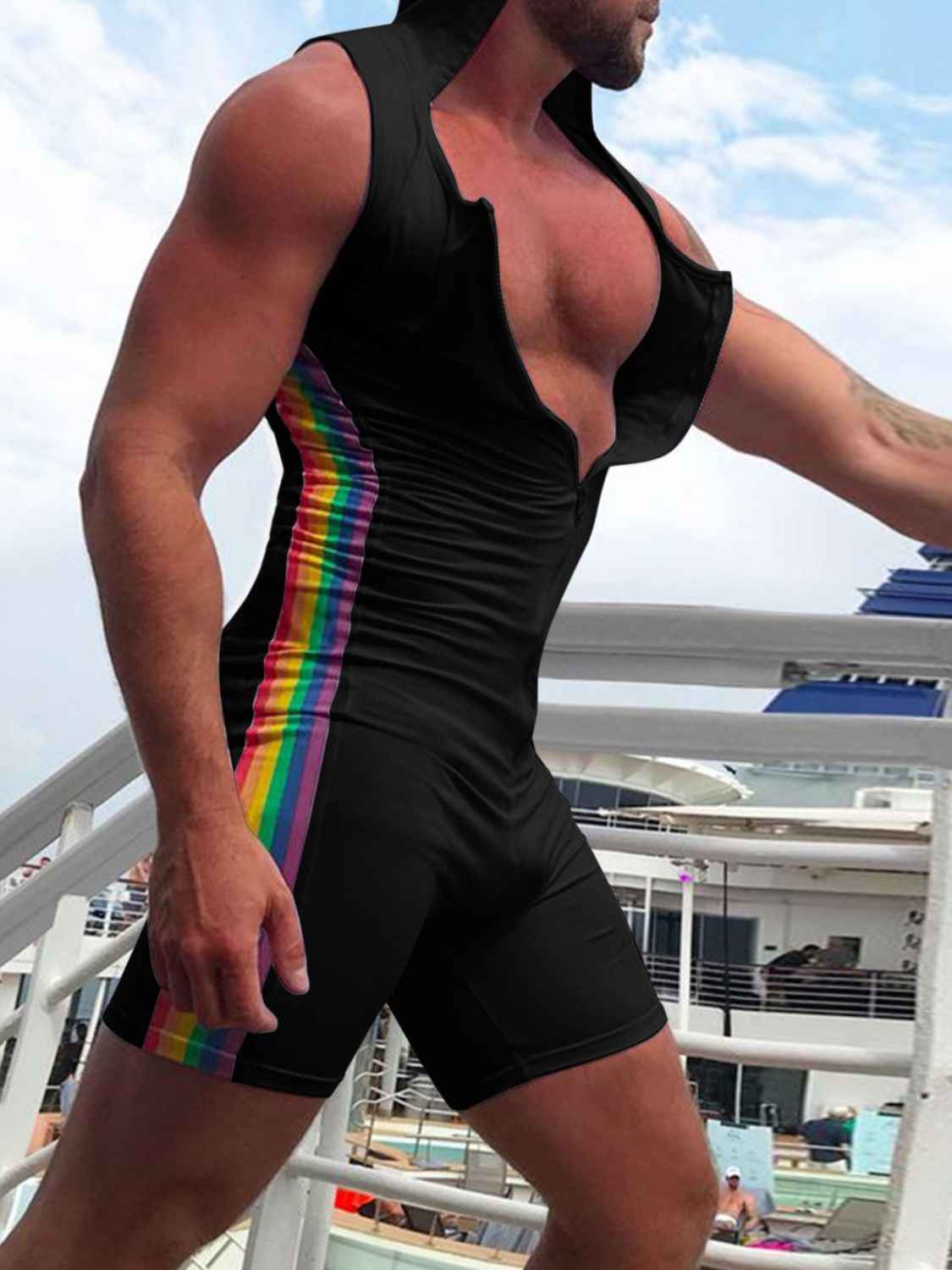 Men's Full Size Contrast Zip Front Sleeveless Active Romper Plus Size - Damned Threads
